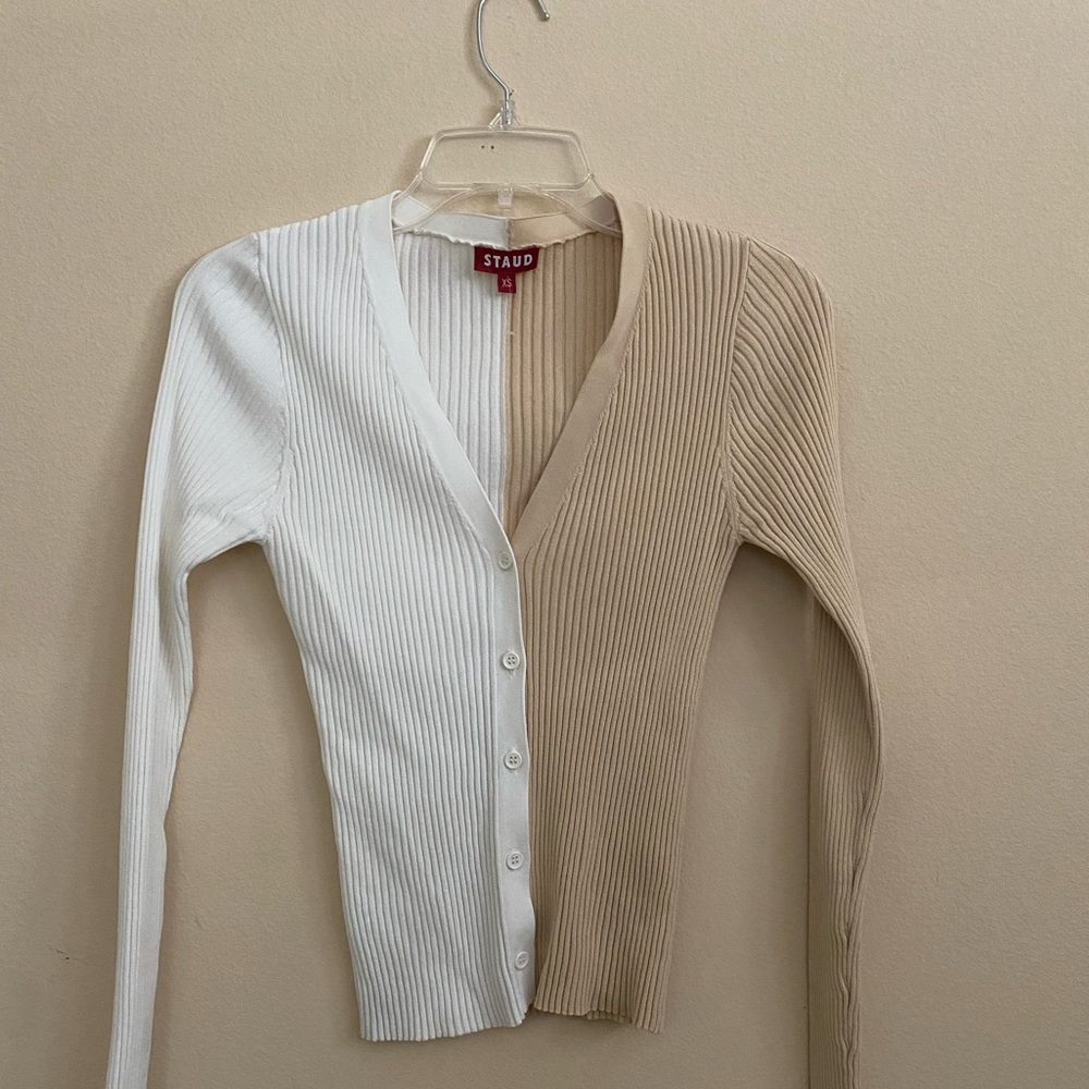 STAUD Two-Tone White and Tan Cardigan